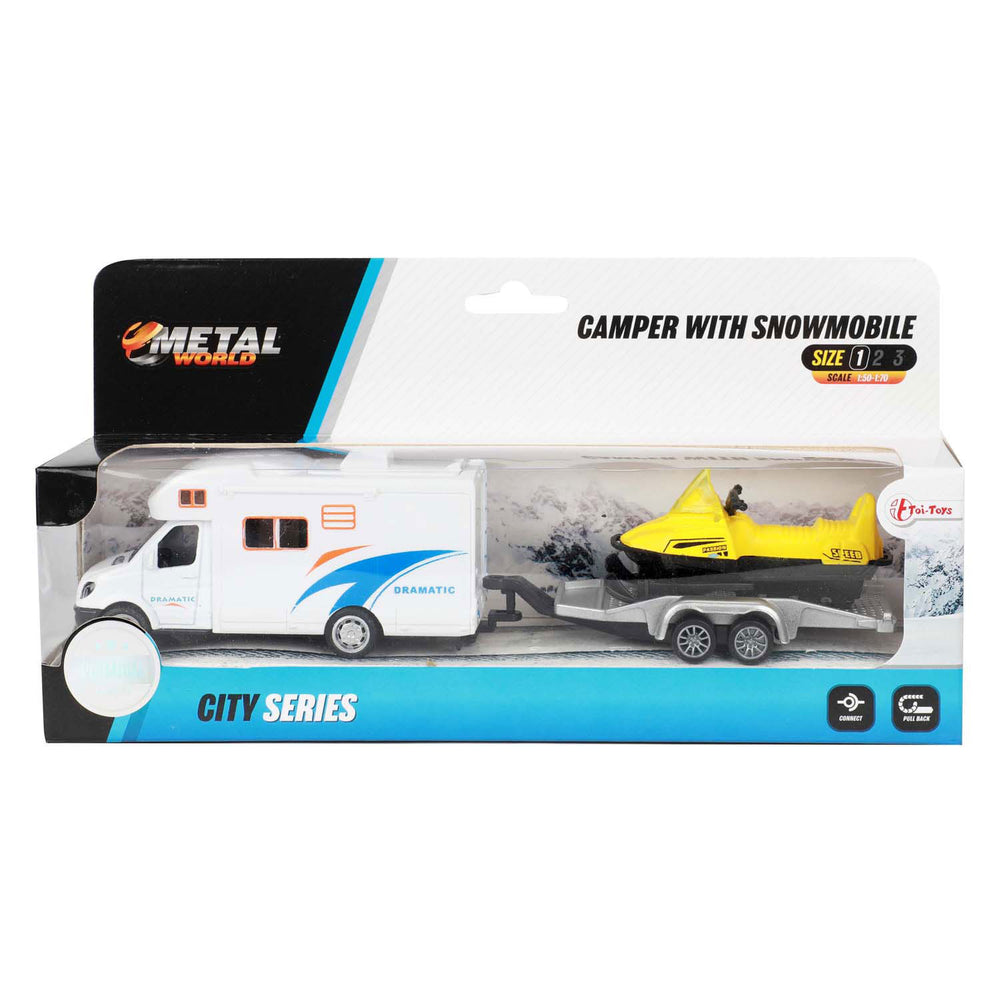 Toi-toys metal pull-back camper with trailer and snowmobile