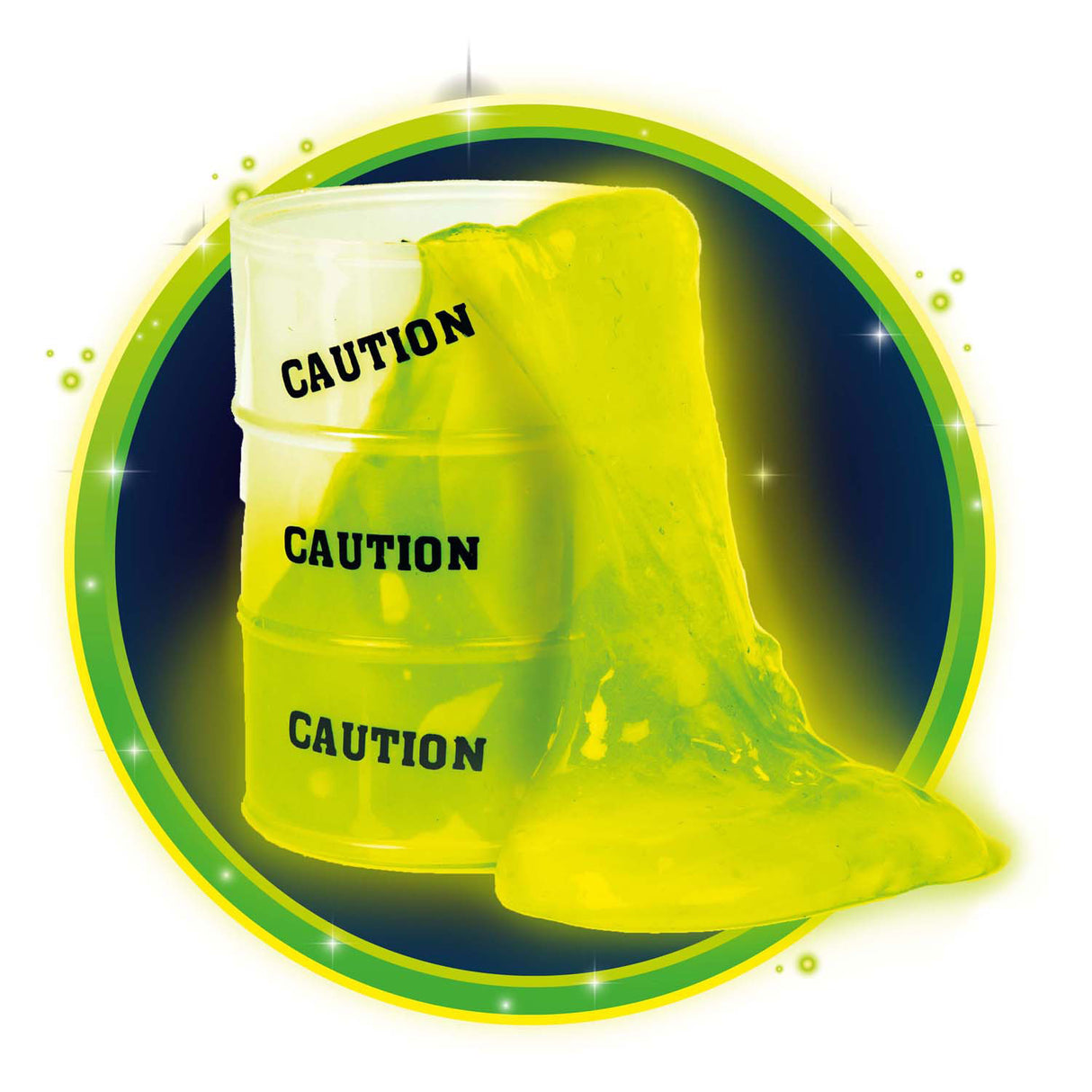 Hračky svítící zábavně svítí v temném slizu v barelu s olejem