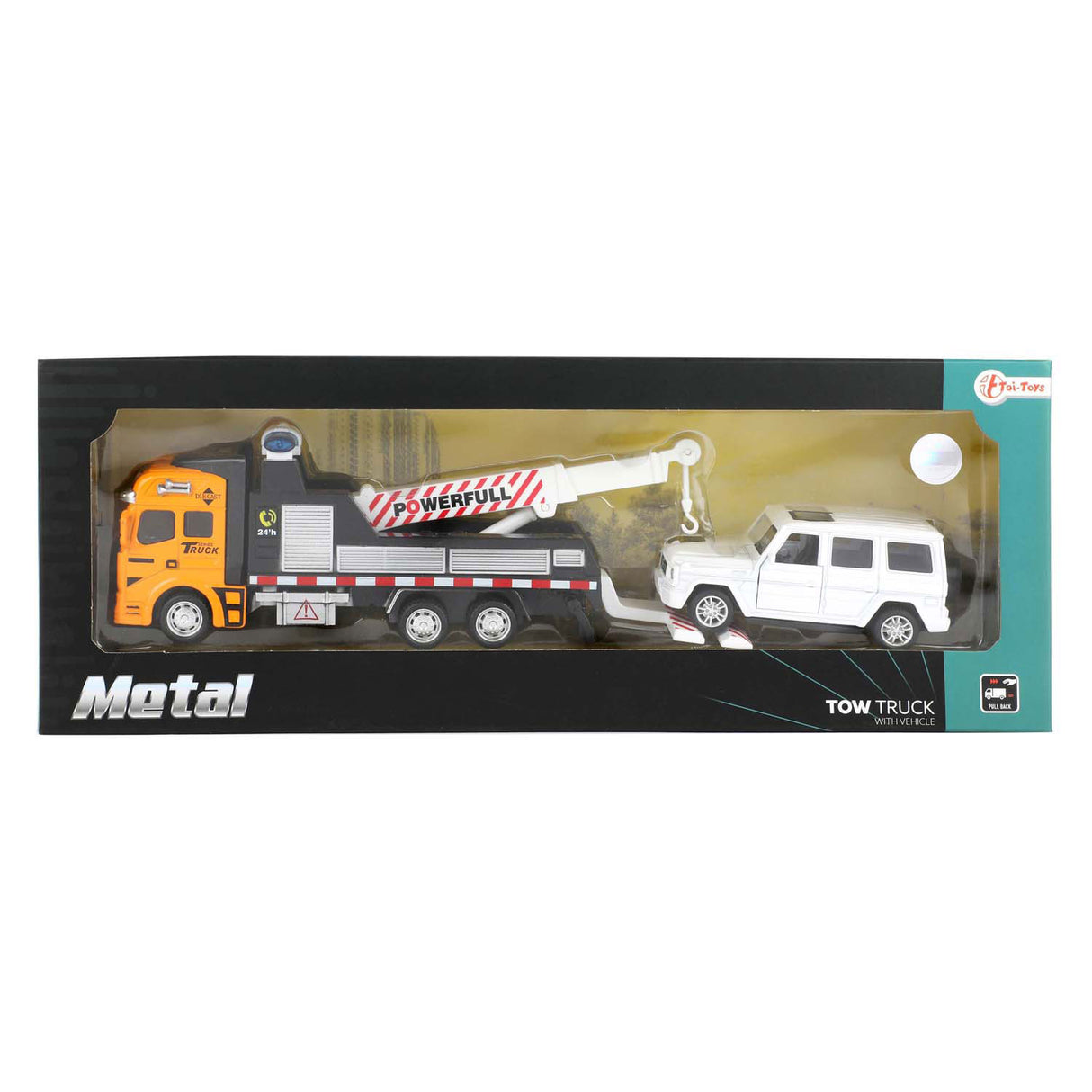 Toi-toys kovový odtahový vůz s autem, 2 kusy.