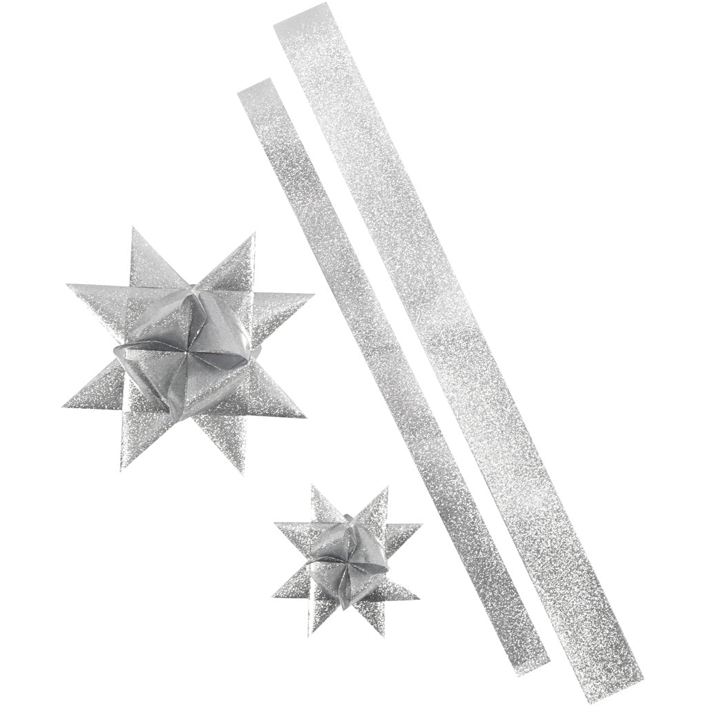 Vivi Gade star strips, l: 86+100 cm, w: 25+40 mm, d 11.5+18.5 cm, glitter silver, 16 strips 1 box