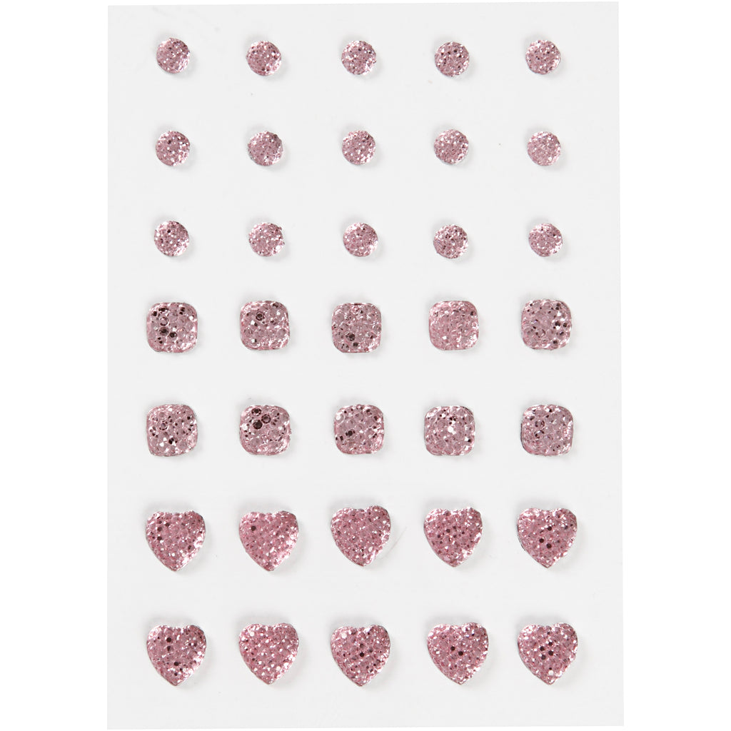 Vivi Gade rhinestones, round, square, heart, size 6+8+10 mm, pink, 35 pieces 1 box