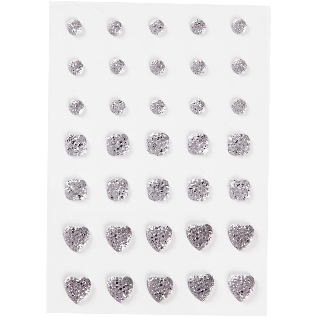 Vivi Gade rhinestones, round, square, heart, size 6+8+10 mm, silver, 35 pieces in a box