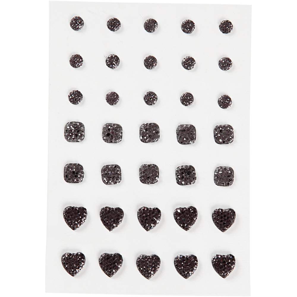 Vivi Gade rhinestones, round, square, heart, size 6+8+10 mm, black, 35 pieces in a box