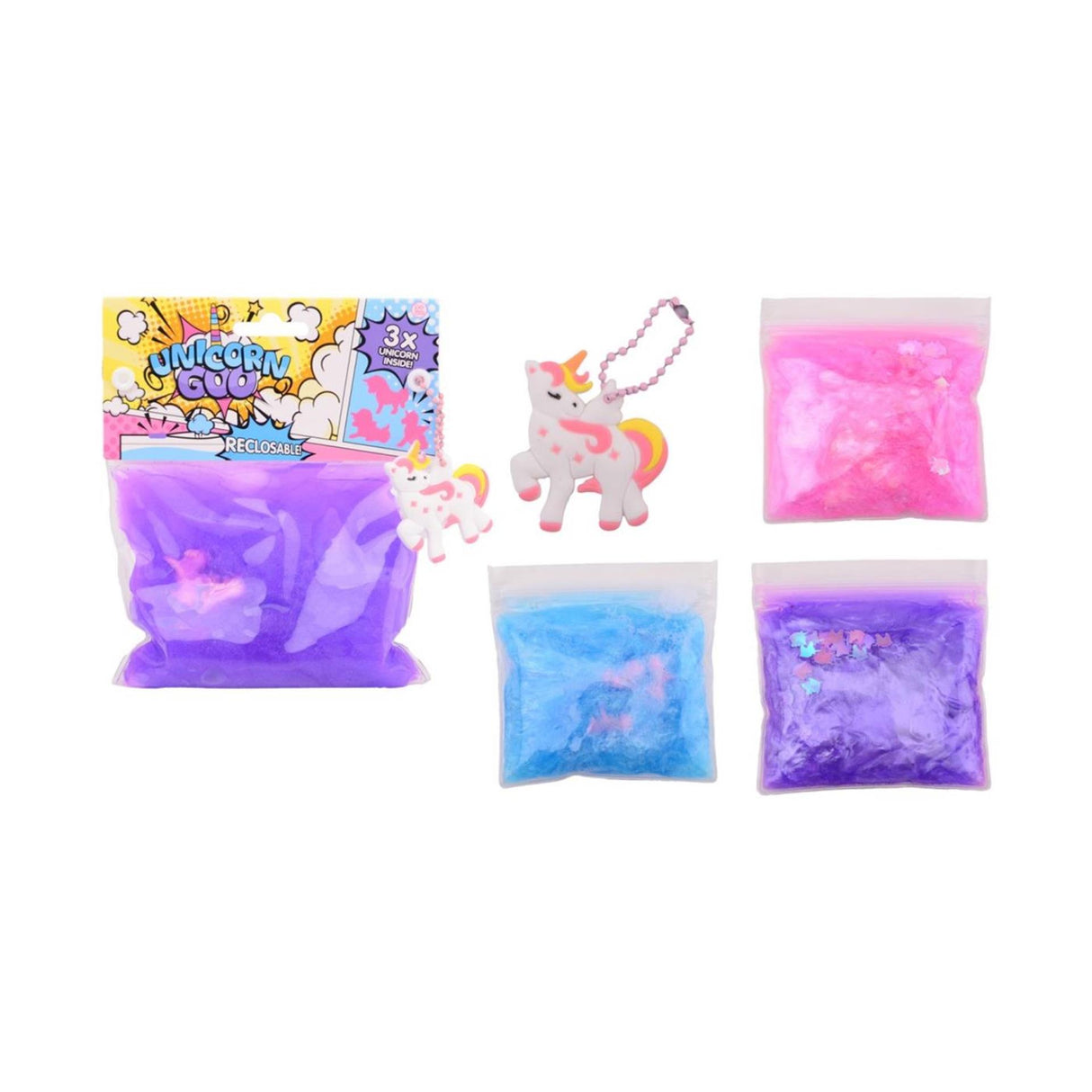 Slime Johntoy con 3 unicornios en una bolsa resellable