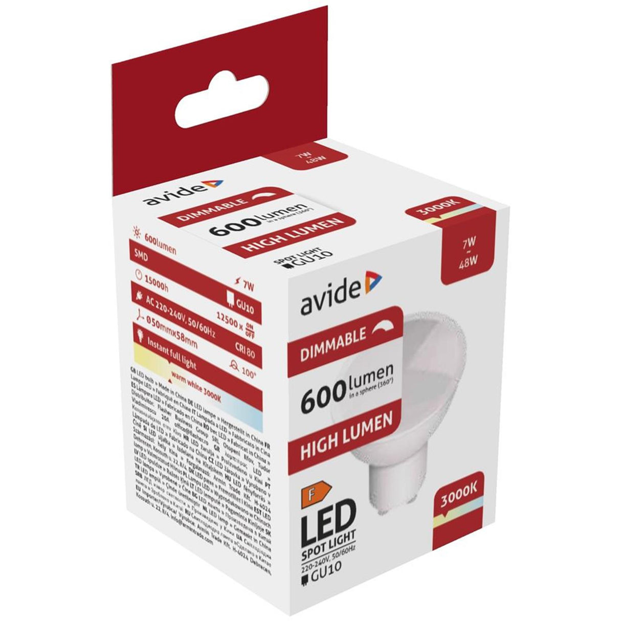 Avide led spot gu10 7w 3000k ww dimbaar