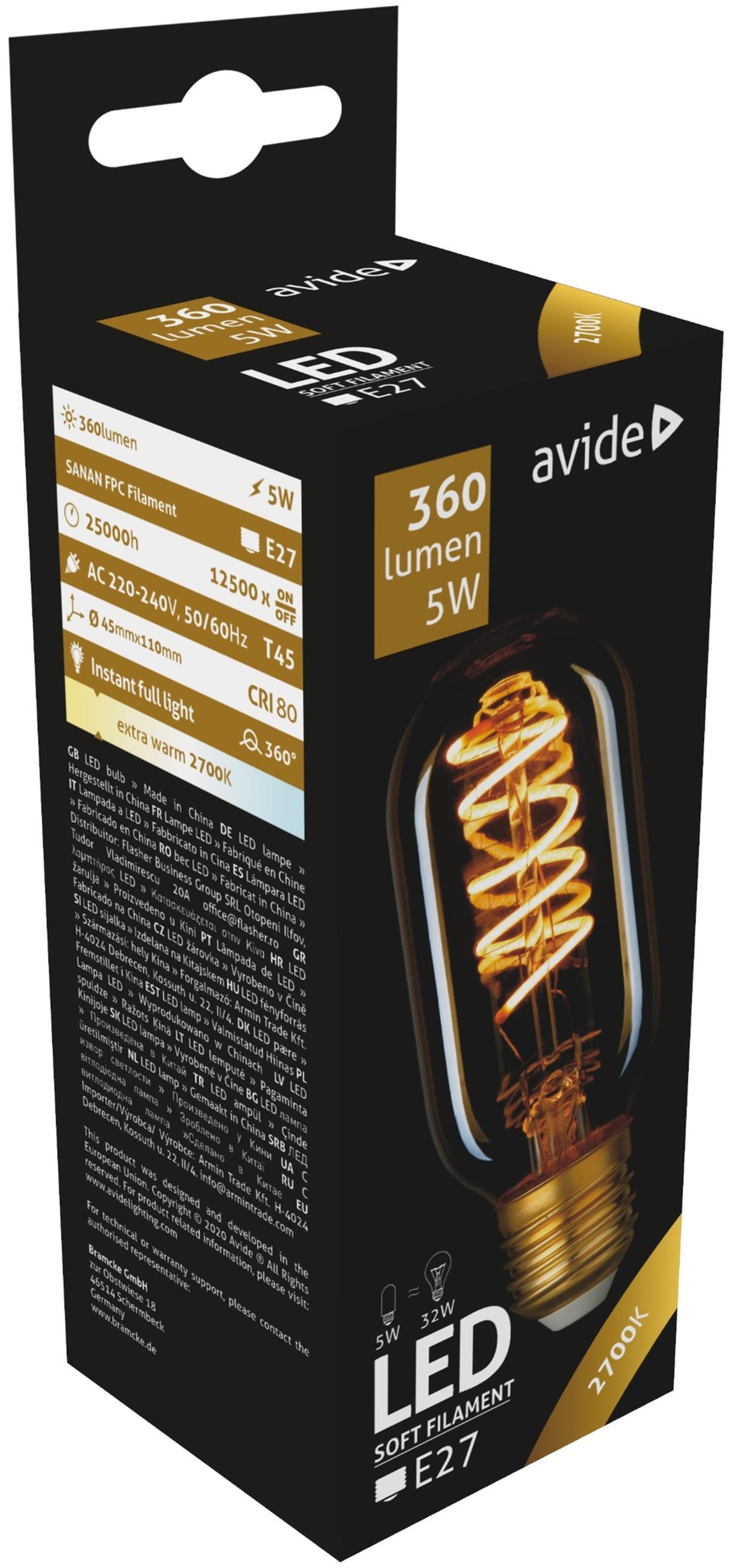 Avide led lamp t45 5w e27 2700k 360lm