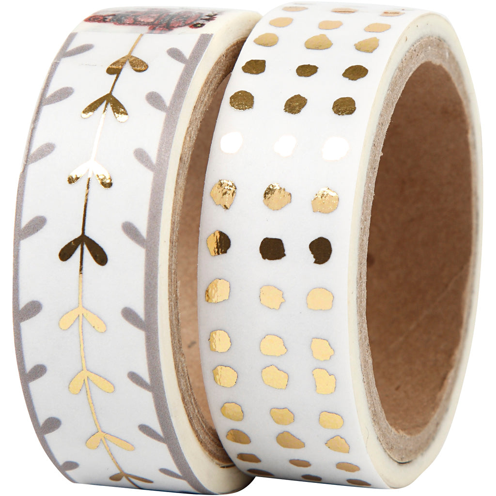 Vivi Gade masking tape, hearts and dots - foil, w: 15 mm, gold, white, 2x4 m 1 box