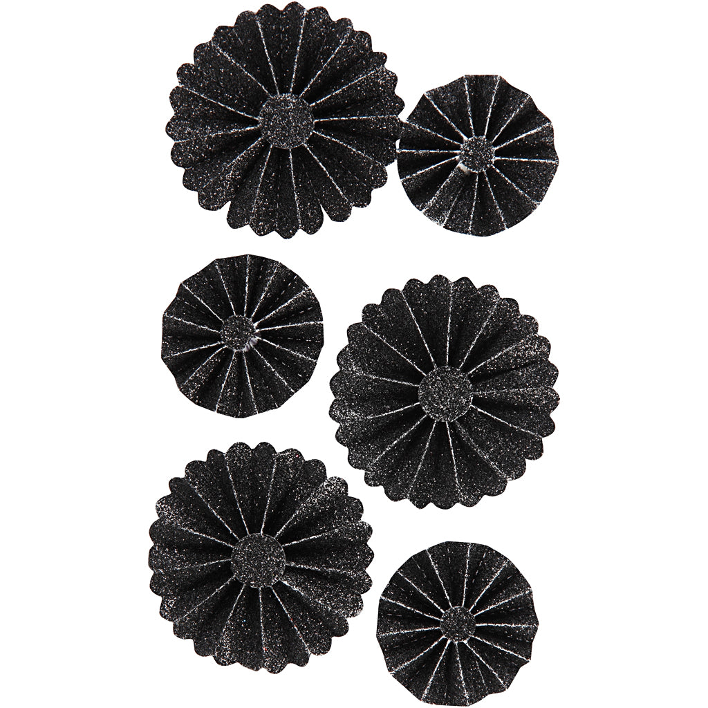 Vivi gade rosettes, d 35+50 mm, black glitter, 6 pieces 1 box