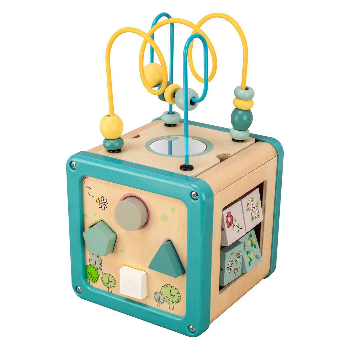 Playwood wooden activity cube with bead frame