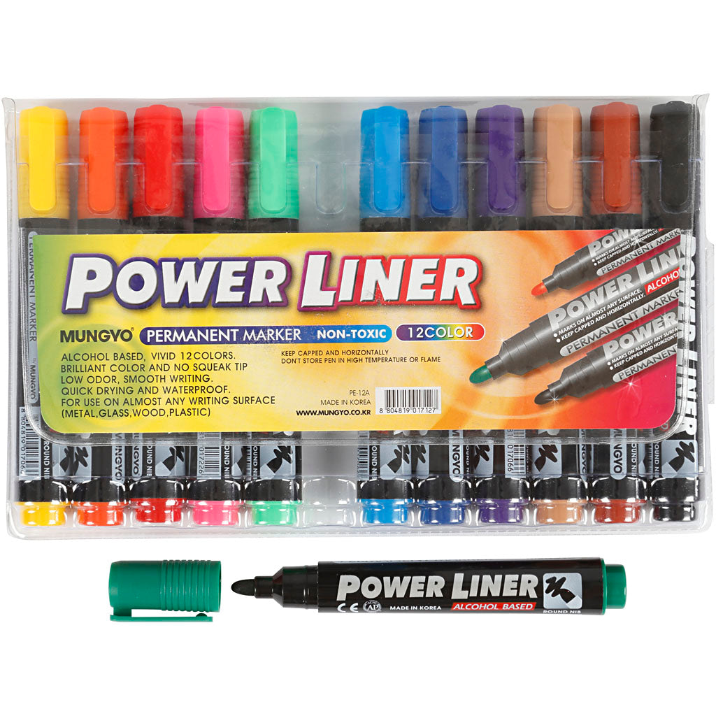 Mungyo power liner, line thickness 1.5-3 mm, various colors, 12 pieces in a box