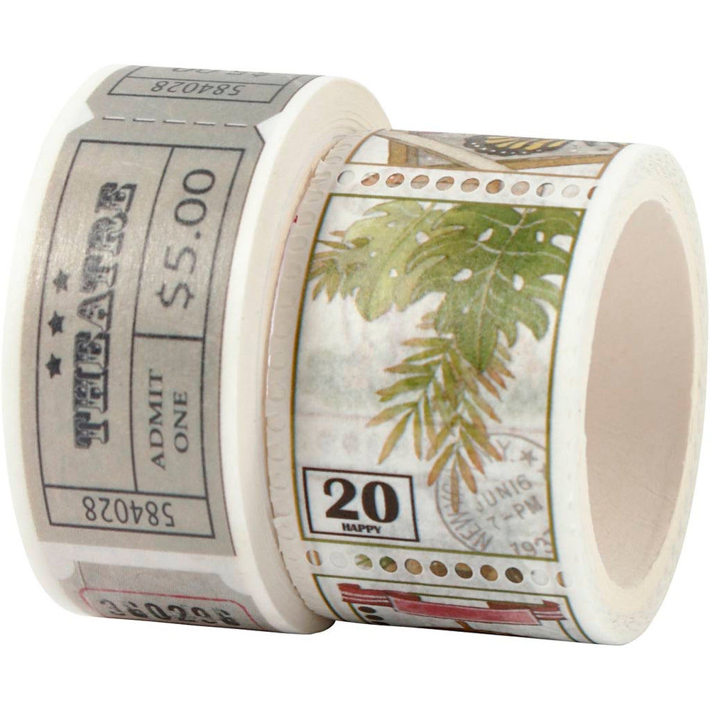 Creativ company masking tape, ticket and nature motifs, l: 3+5 m, w: 20+25 mm, 2 rolls 1 box