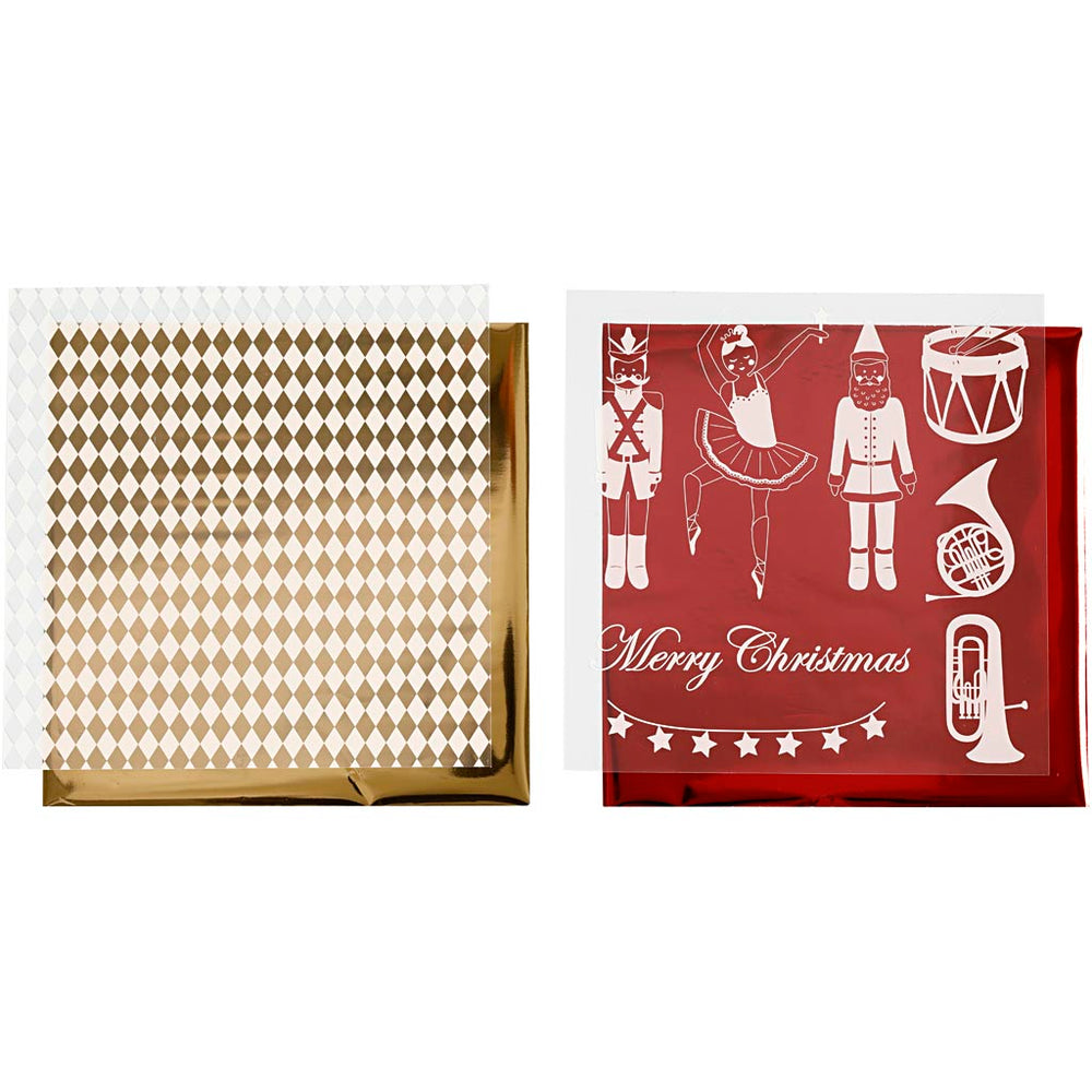 Vivi Gade deco foil and transfer sheet, Nutcracker, Santa Claus and Ballerina, sheet 15x15 cm, gold, red, white, 4 sheets 1 box