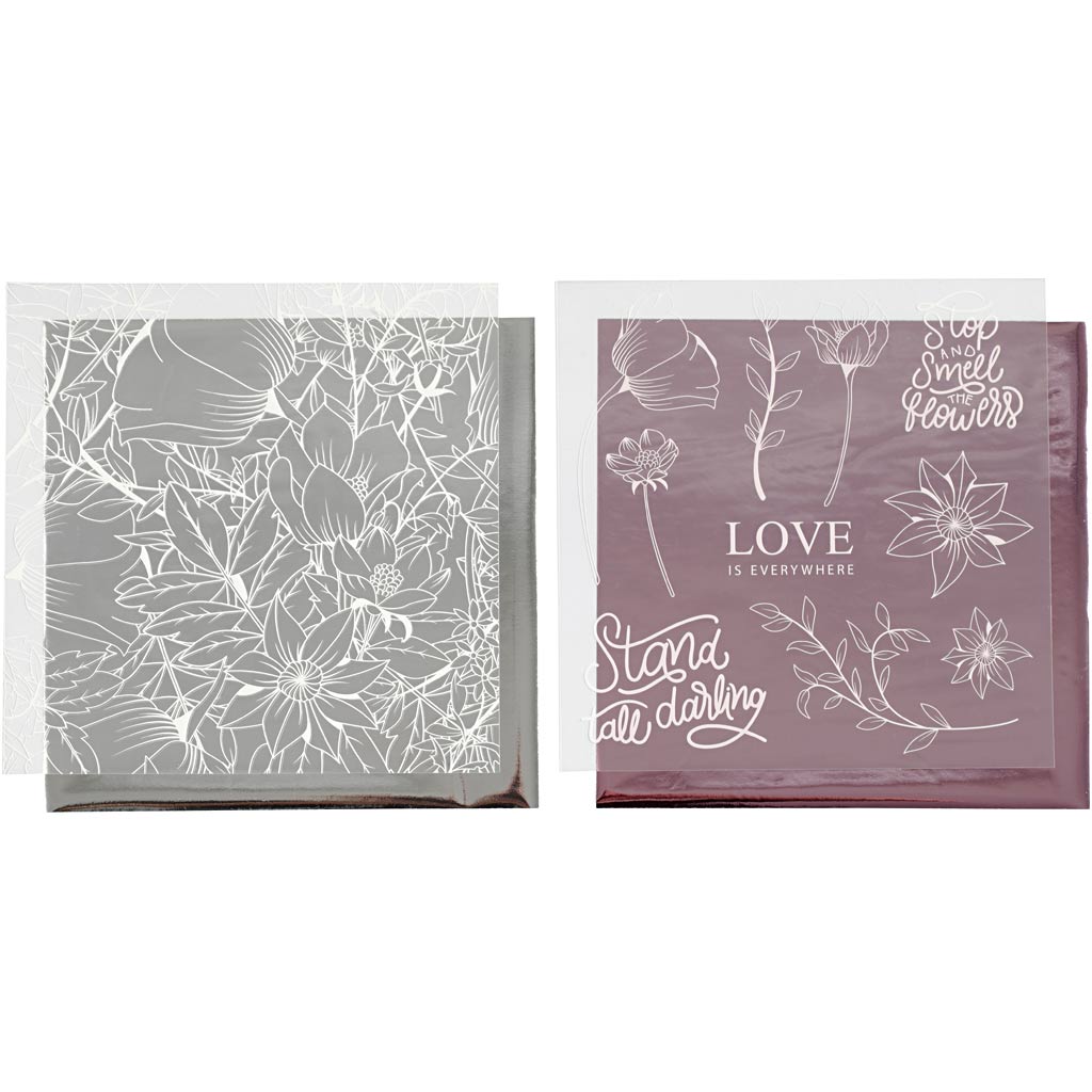 Vivi Gade deco foil and transfer sheet, flowers, sheet 15x15 cm, pink, silver, 4 sheets 1 box