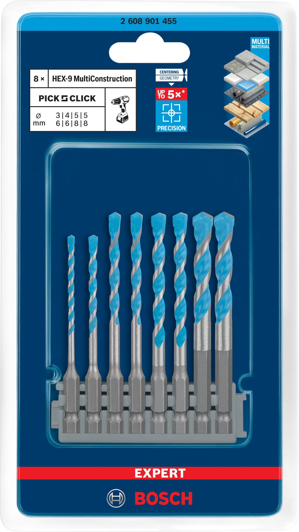 Pic bosch accessoires expert hex-9 multi construction k click set 3 - 8 mm - 2608901455