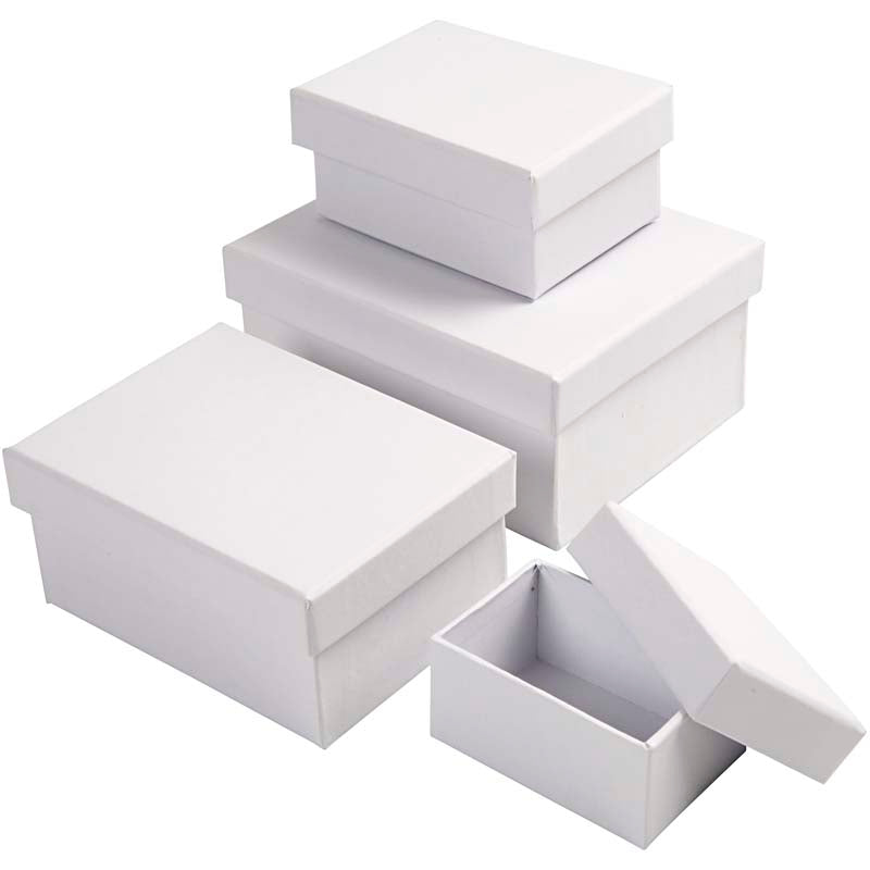 Creativ company rectangular boxes, h: 3,5 + 4,5 + 5,5 + 6,5 cm, dim 7,5x5 + 9,5x7 + 11,5x8,5 + 14x11 cm, white, 4 pieces 1 set