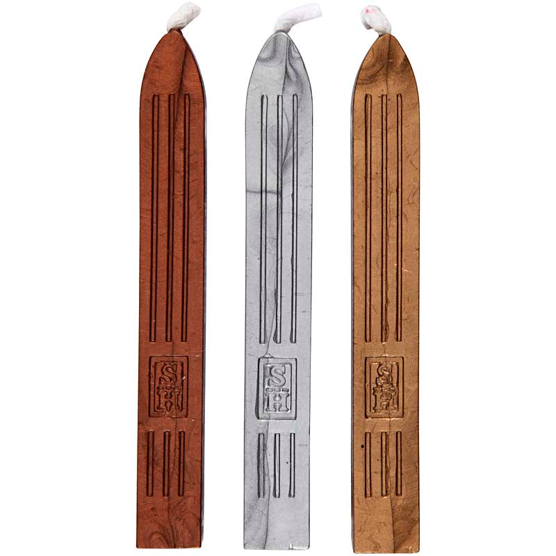 Creativ company seal wax, gold, silver, bronze, l: 10 cm, 3 pieces 1 box