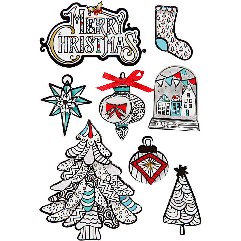 Creativ company 3d stickers, Christmas motifs, h: 32-80 mm, w: 25-65 mm, 8 pieces 1 box