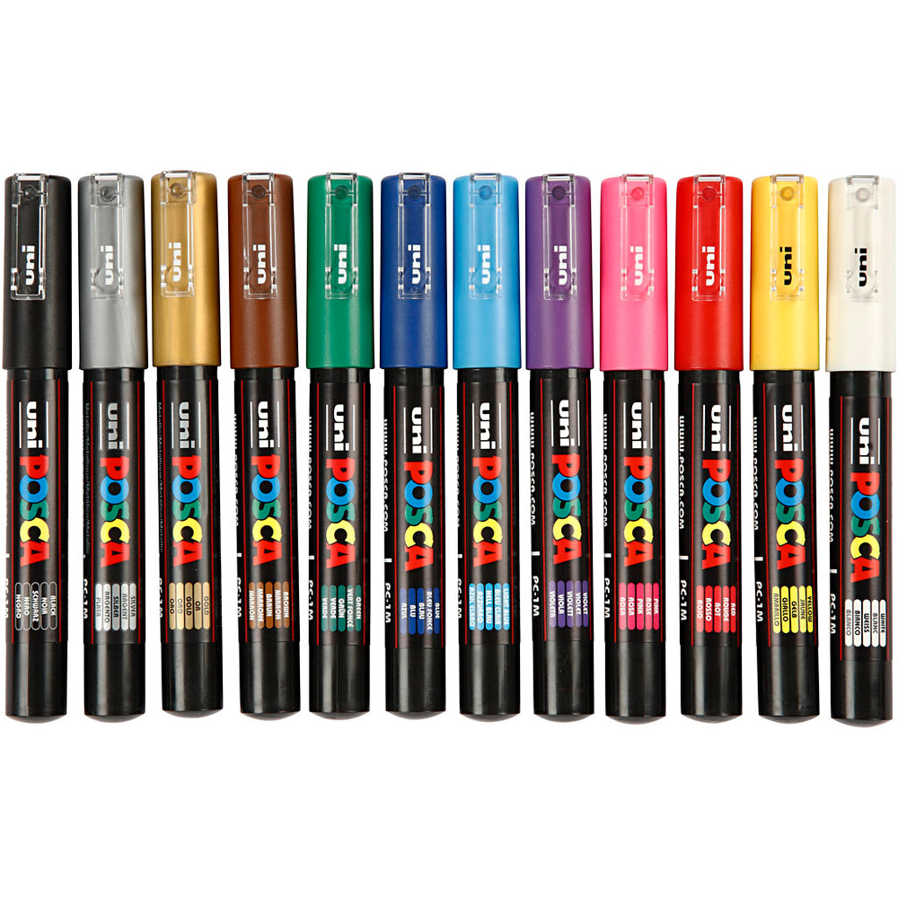 Uni-posca posca marker, size pc-1m, line width 0.7 mm, extra-fine, various colors, 12 pieces in a box