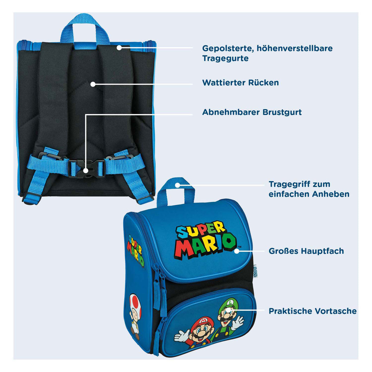 Mochila de la escuela encubierta Super Mario Blauw