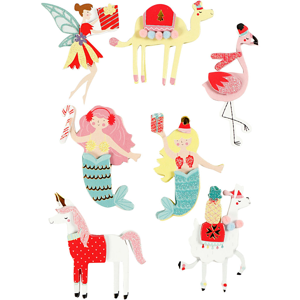 Creativ company 3d stickers, flamingo, llama mermaid, h: 50-60 mm, w: 30-45 mm, thickness 7 mm, 7 pieces 1 box