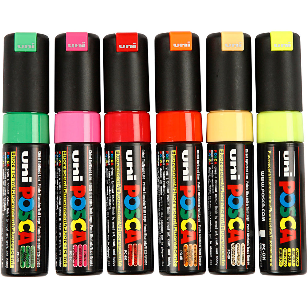 Uni-posca posca marker, size pc-8k, line width 8 mm, broad, semi-opaque, various colours, 6 pieces in a box