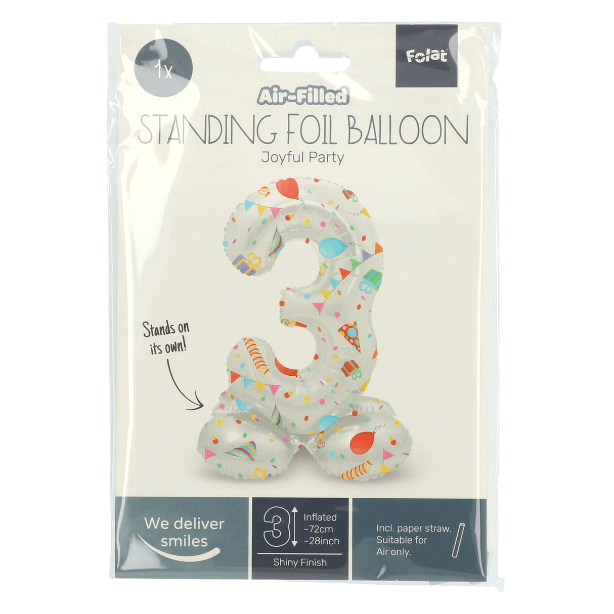 Stehende Folienballon freudiger Party Nummer 3 -72 cm