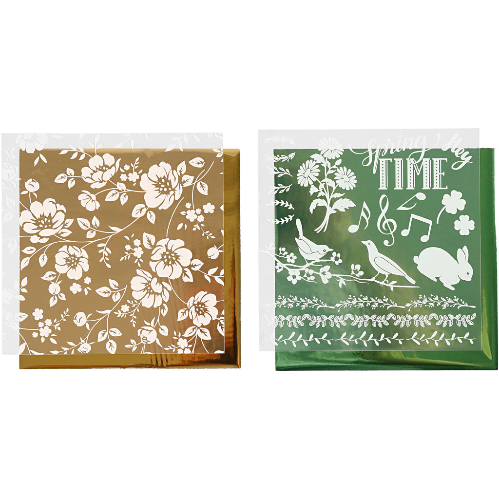 Creativ company deco foil and transfer sheet, flowers, sheet 15x15 cm, gold, green, 2x2 sheets 1 box
