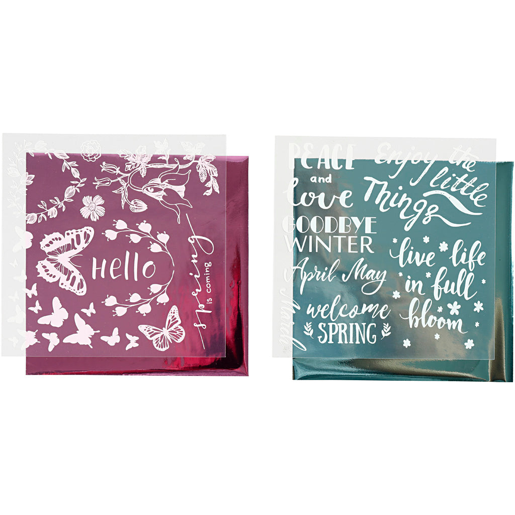 Creativ company deco foil and transfer sheet, spring, sheet 15x15 cm, light blue, pink, 2x2 sheets 1 box
