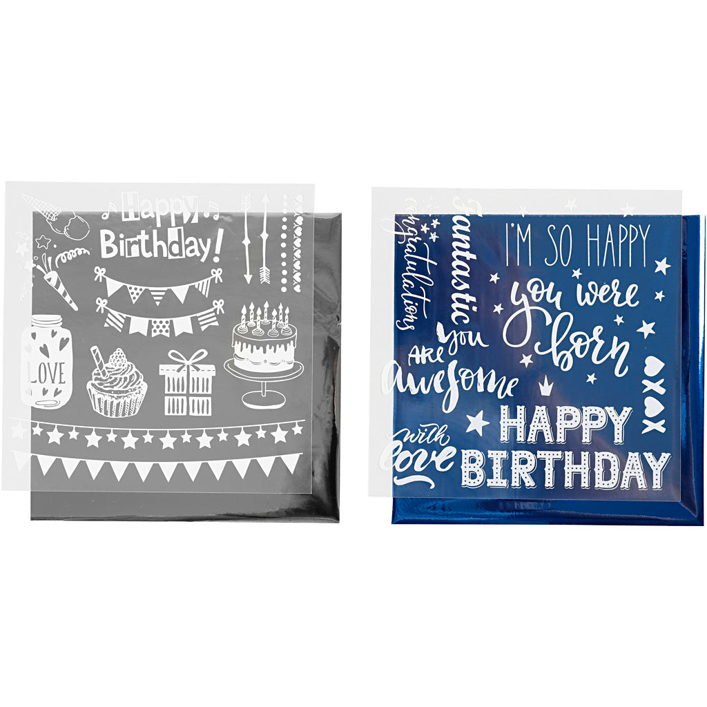 Creativ company deco foil and transfer sheet, birthday, sheet 15x15 cm, dark blue, silver, 2x2 sheets 1 box