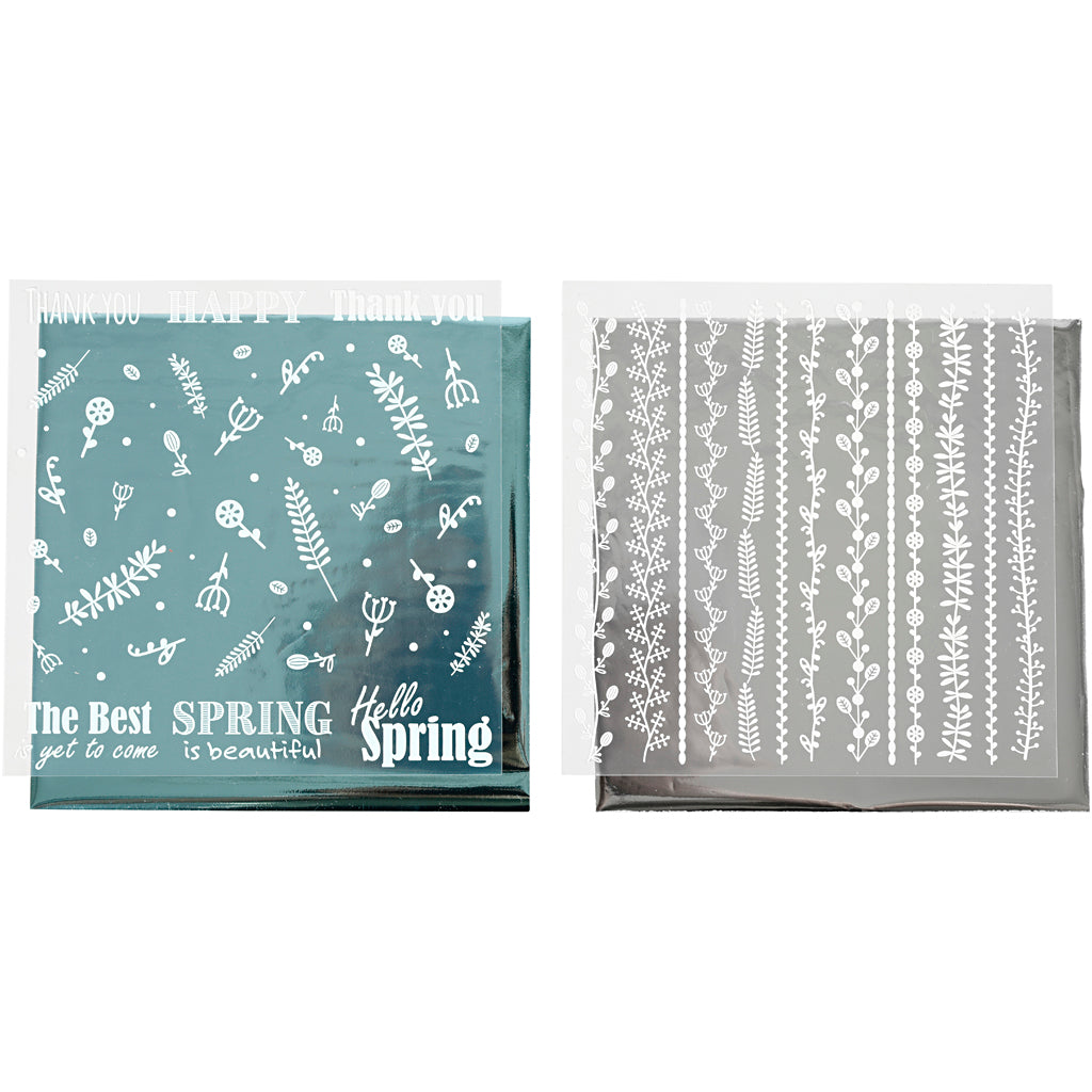 Creativ company deco foil and transfer sheet, spring flowers, sheet 15x15 cm, silver, turquoise, 2x2 sheets 1 box