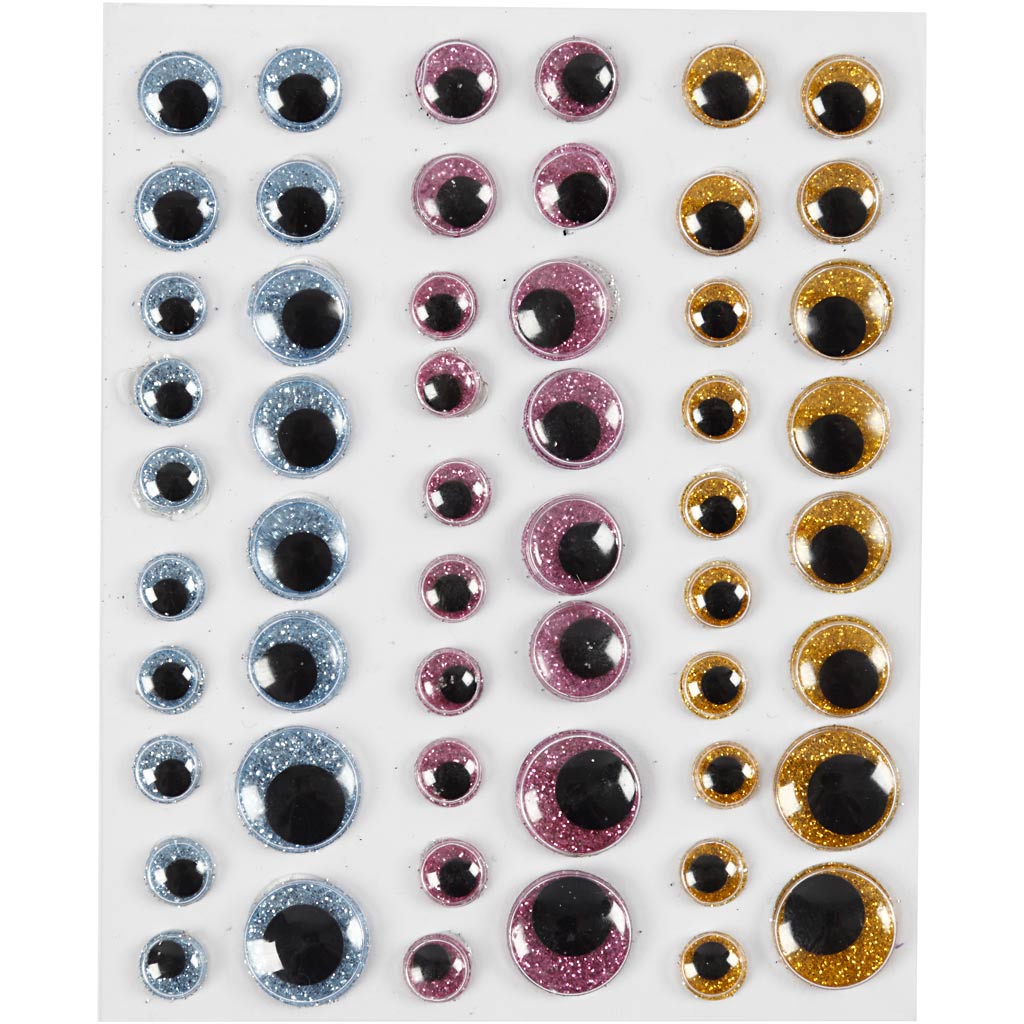 Creativ company wiggly eyes, d 8+10+12+15 mm, light blue, gold, light red, 54 pieces 1 sheet