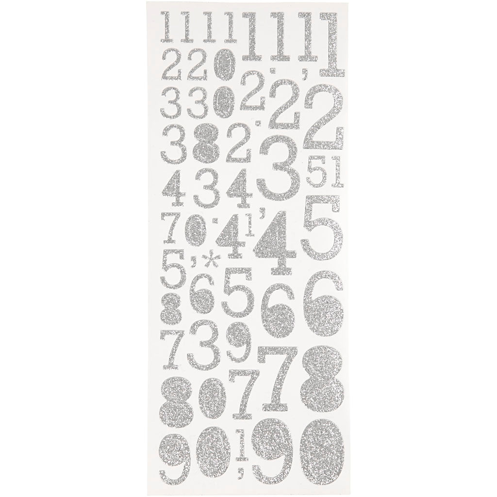 Creativ company glitter stickers, numbers, sheet 10x24 cm, silver, 2 sheets 1 box