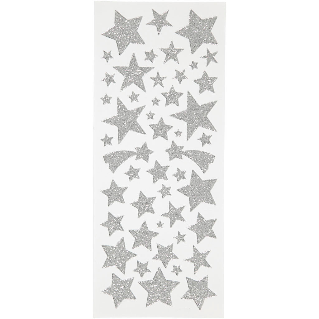 Creativ company glitter stickers, stars, sheet 10x24 cm, approx. 110 pieces, silver, 2 sheets 1 box