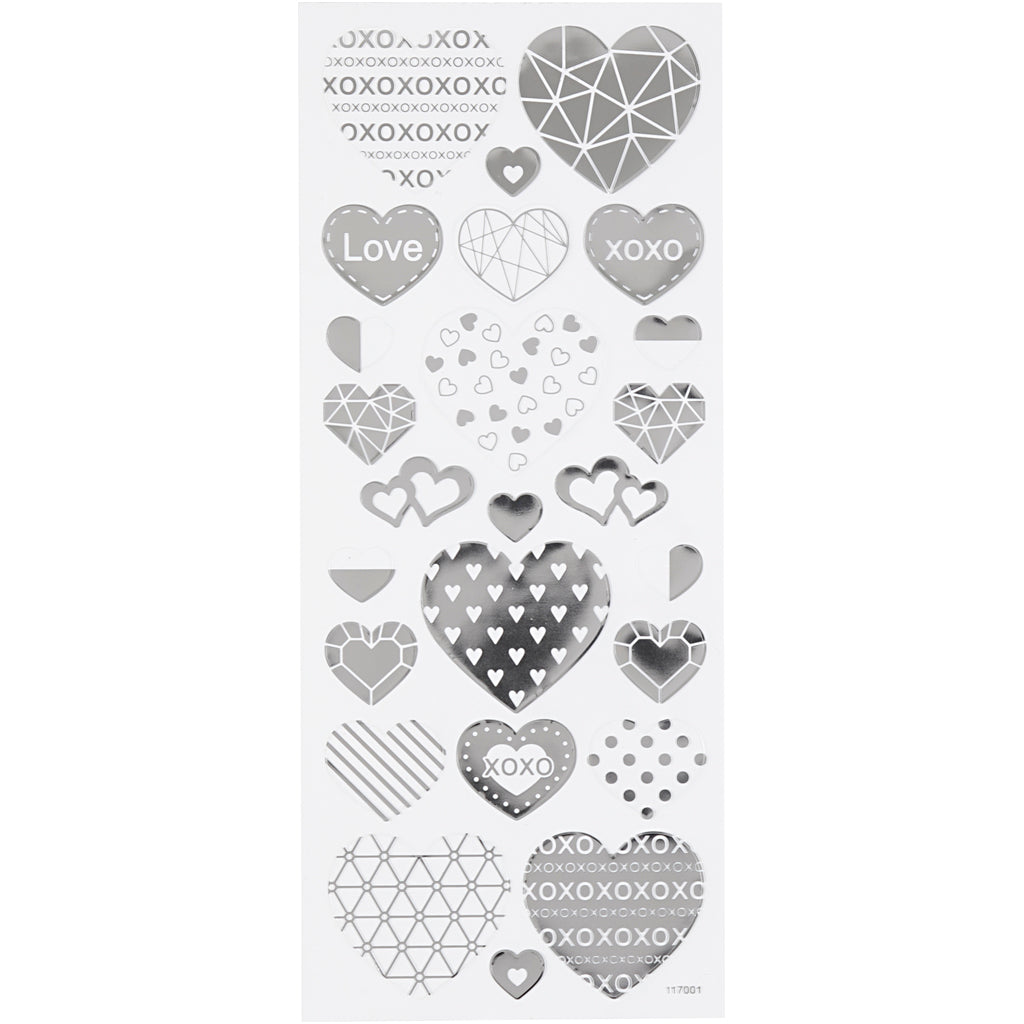 Creativ company stickers, hearts, sheet 10x24 cm, approx. 25 pieces, silver, 1 sheet
