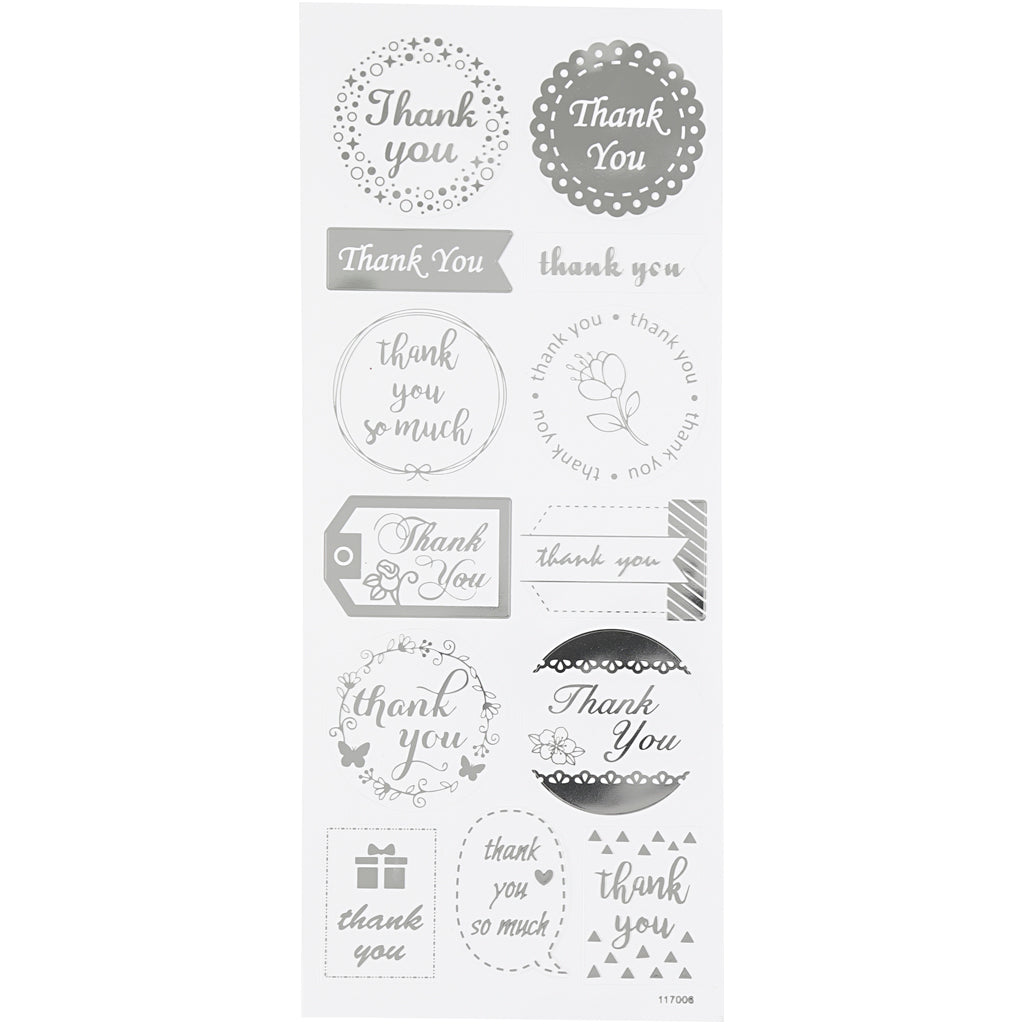 Creativ company stickers, thank you, sheet 10x24 cm, approx. 13 pieces, silver, 1 sheet