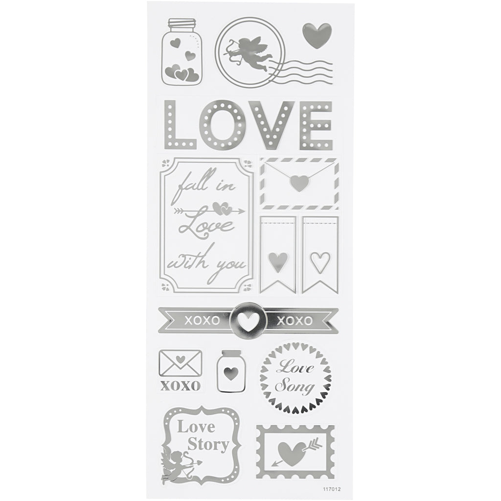 Creativ company stickers, love, sheet 10x24 cm, approx. 14 pieces, silver, 1 sheet