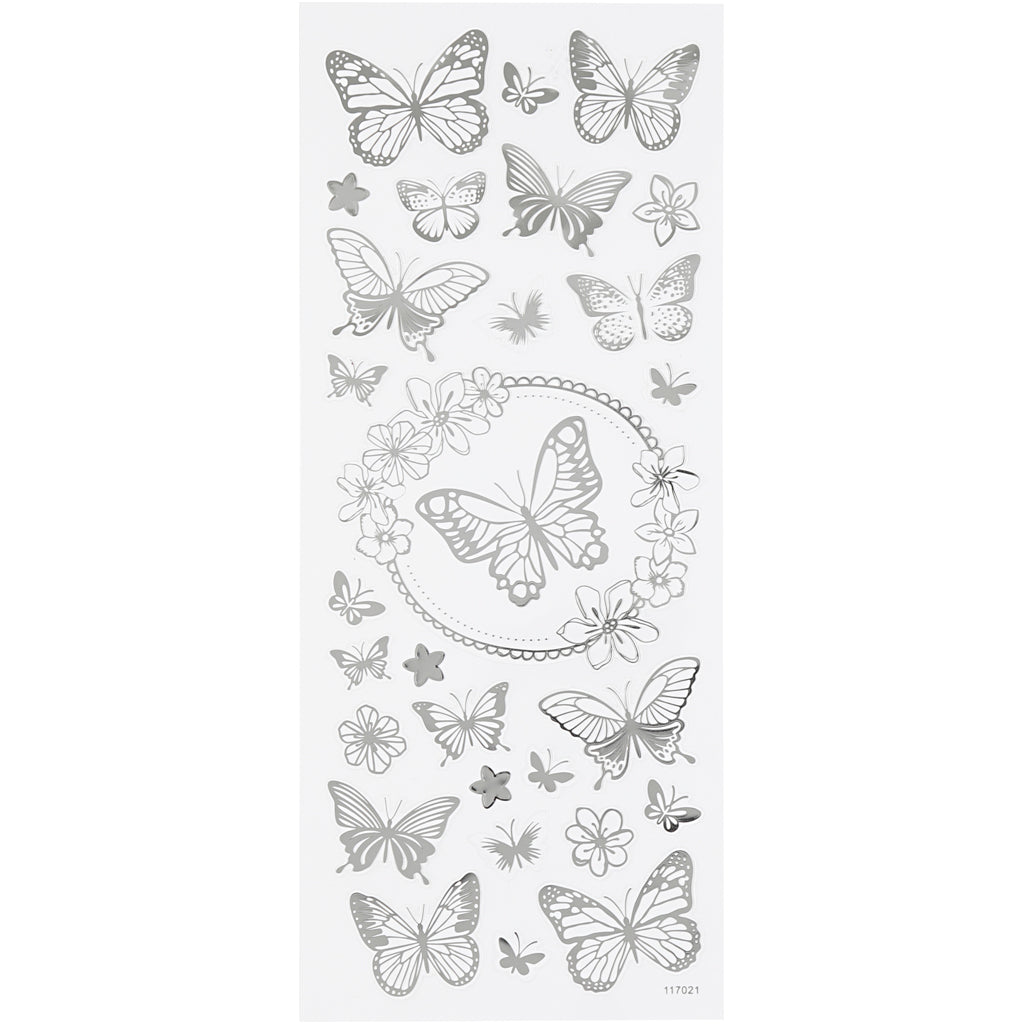 Creativ company stickers, butterflies, sheet 10x24 cm, approx. 28 pieces, silver, 1 sheet