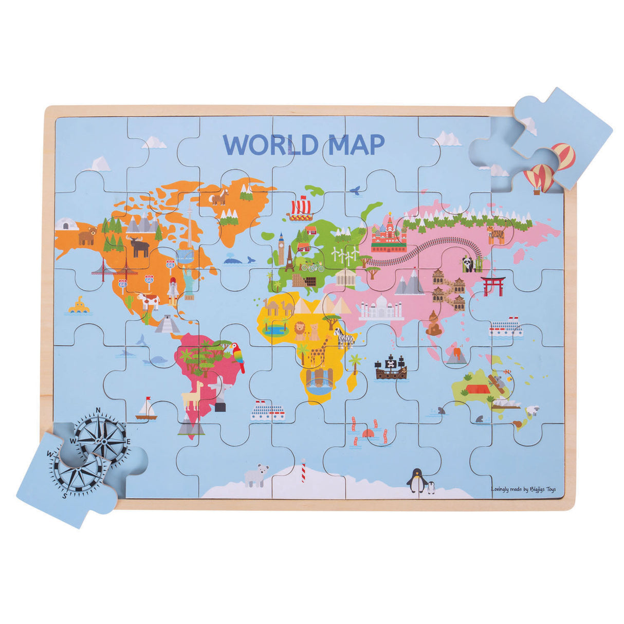 Bigjigs Wooden World Map Puzzle, 35pcs.