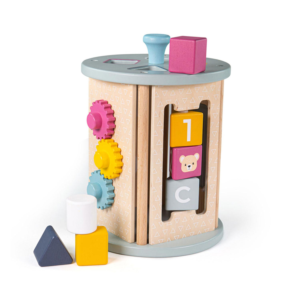 Bigjigs rolovacia krabička na aktivity a drevený triedič tvarov, 5 kusov.