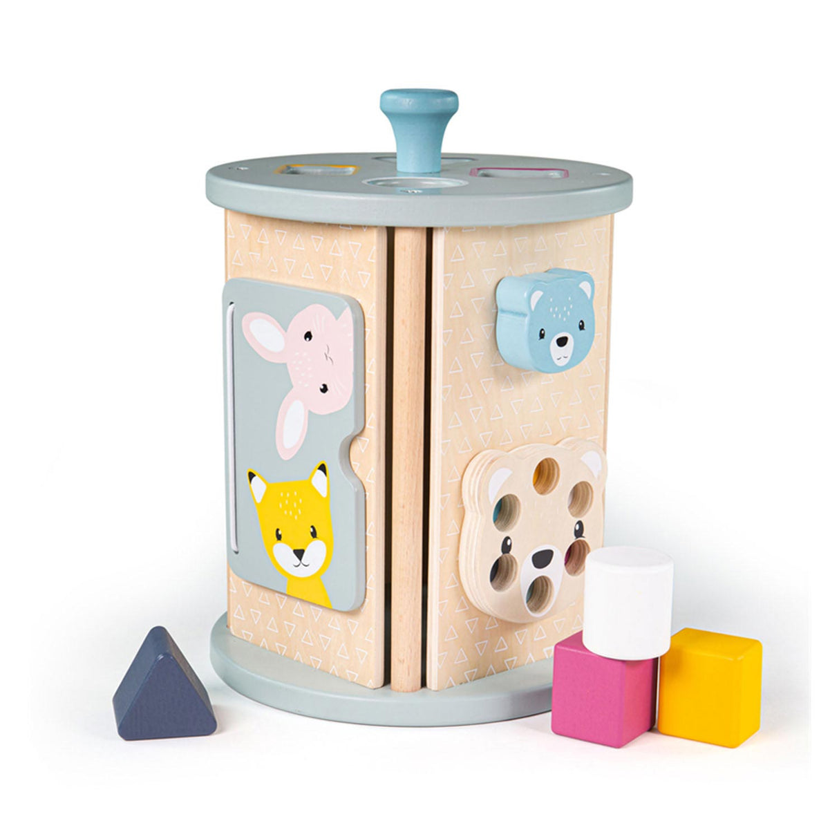 Bigjigs rolovacia krabička na aktivity a drevený triedič tvarov, 5 kusov.