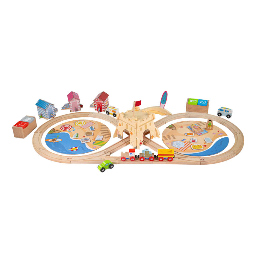 Bigjigs Wooden Train Set Seaside Clean Up, 70pcs.