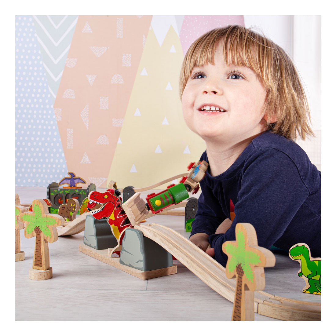 Bigjigs Wooden Rail Bursting Bridge T-Rex Dino, 7-piece.