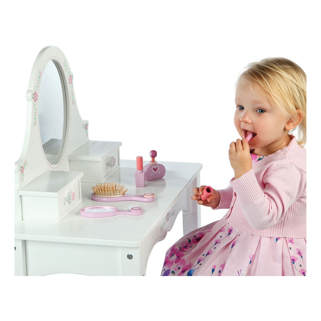Tavolo da toeletta in legno tidlo bianco con fiori