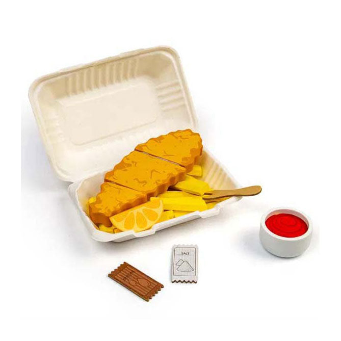 Drevená hracia súprava s rybami a hranolkami Bigjigs, 26 kusov.