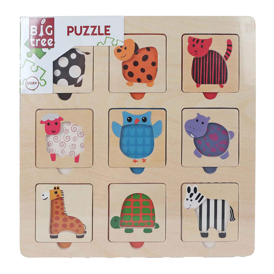 Puzzle incrustation en bois, trouvez l'animal par la couleur, 9 pcs.