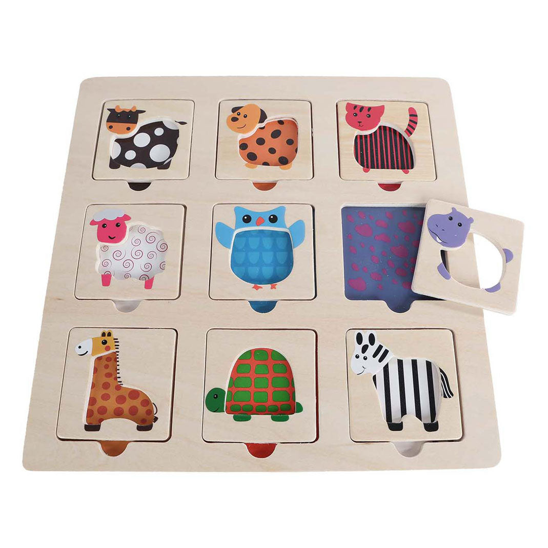 Puzzle incrustation en bois, trouvez l'animal par la couleur, 9 pcs.