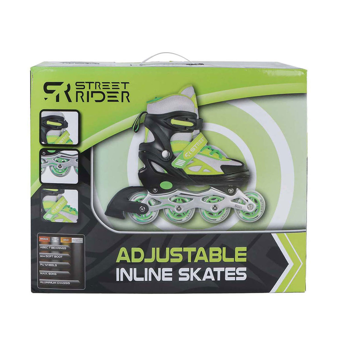 Street rider inline skates green black adjustable, size 29-32
