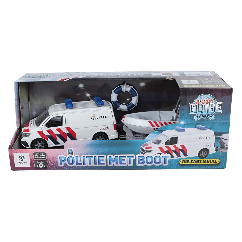 Kids globe vw transporter politie met boot die-cast