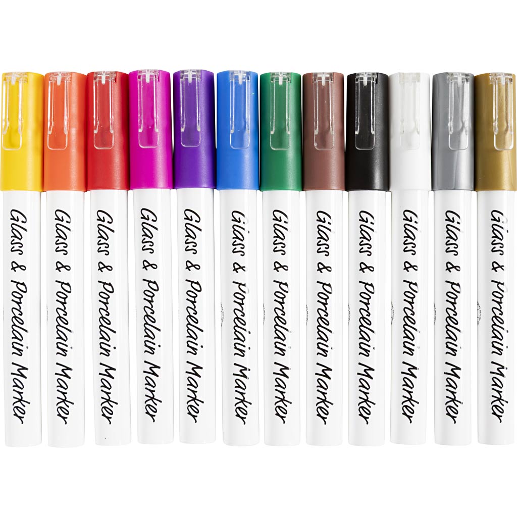 Creativ company glass-porcelain markers, line width 1-2 mm, semi-opaque, various colours, 12 pieces in a box