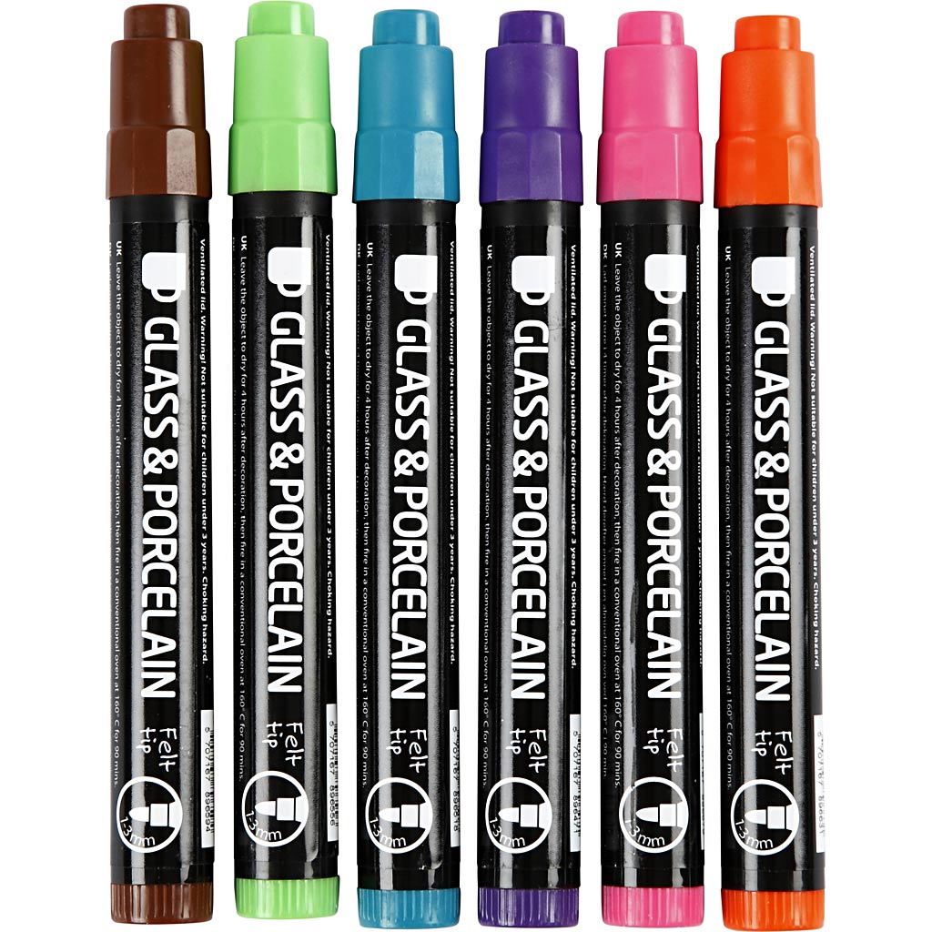 Creativ company glass and porcelain markers, line width 1-3 mm, semi-opaque, additional colours, 6 pieces 1 box